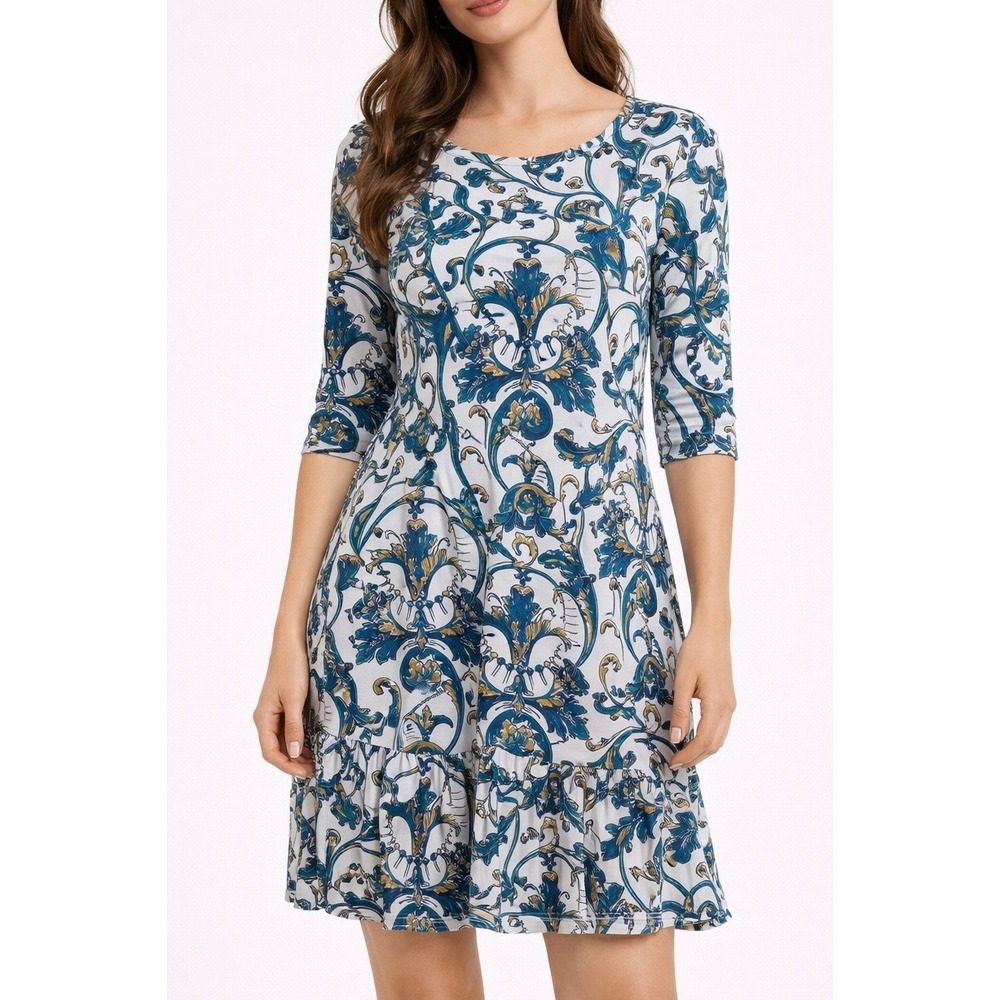 PERUVIAN CONNECTION 100% Cotton Acanthe Leaves Dress Blue/White Women Size Small